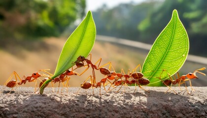 fire ants marching in line carrying leaves
