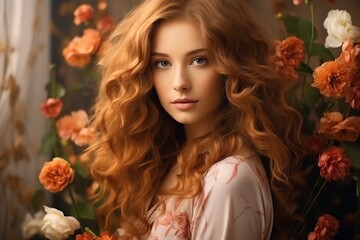 Naklejka premium Young girl with long red curly hair standing in a garden full of flowers.