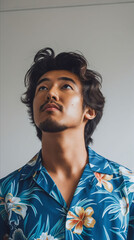 A man in a blue hawaiian shirt looking up.