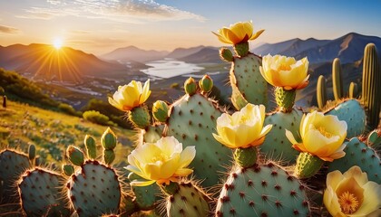 a painting depicting a vibrant opuntia prickly pear cactus adorned with bright yellow flower blossoms the artwork showcases the stunning display of the cactus in full bloom