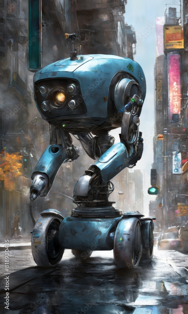 Poster a high-tech robot with advanced optics stands alone on a wet urban street, surrounded by towering ne