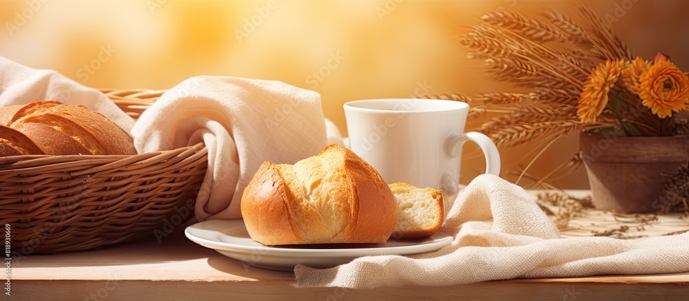 Poster on the table there is a basket with coffee and bread creating a cozy scene for enjoying breakfast or