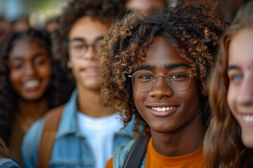 A group of smiling multiethnic students walking on the street, with one student in focus and three more behind him. The young man is wearing casual and has curly hair. - Powered by Adobe
