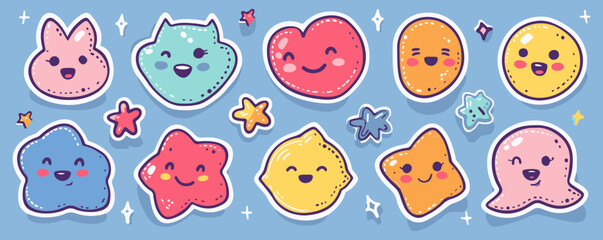 Colorful set of smiling face labels and retro sticker shapes, featuring funny characters and quotes.