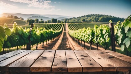 empty wooden table with vineyard background selective focus on tabletop