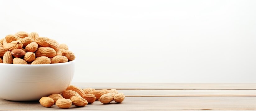 The white wooden background showcases a bowl of peanuts in a visually appealing copy space image