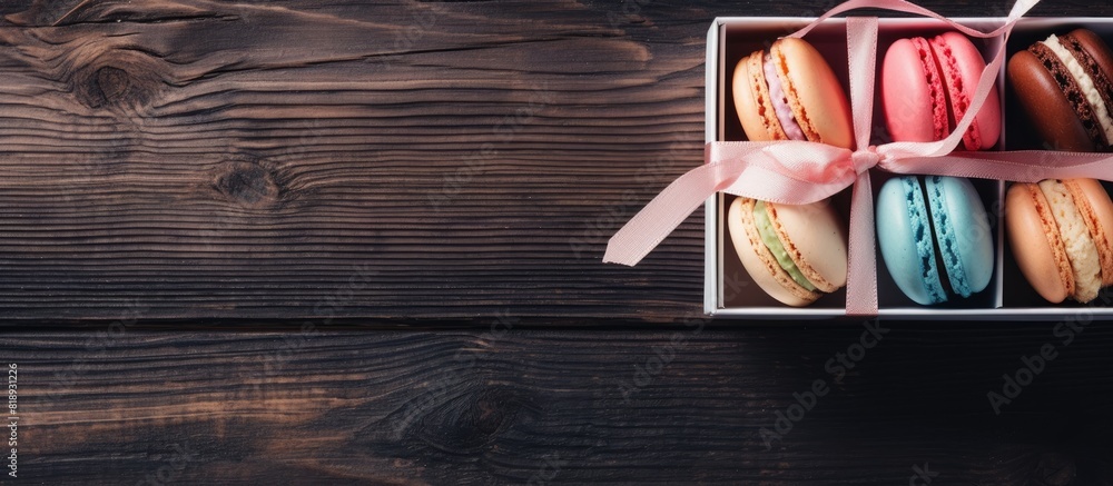 Poster top view of a retro toned image showcasing sweet macarons in a gift box on a wooden table ample copy
