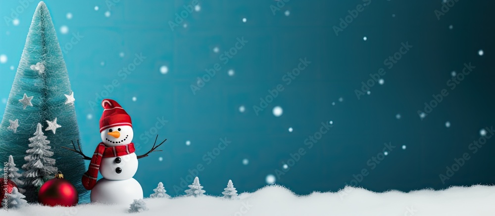Poster there is a copy space image featuring a charming snowman and a festive christmas tree set against a 