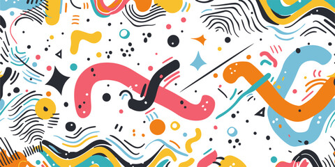 Colorful vector illustration featuring naive playful abstract shapes in a doodle grunge style, including squiggles, circles, asterisks, infinity signs, dots, and bold wavy lines.