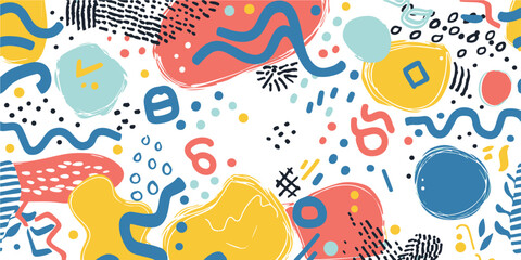 Colorful vector illustration featuring naive playful abstract shapes in a doodle grunge style, including squiggles, circles, asterisks, infinity signs, dots, and bold wavy lines.