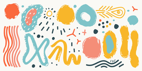 Colorful vector illustration featuring naive playful abstract shapes in a doodle grunge style, including squiggles, circles, asterisks, infinity signs, dots, and bold wavy lines.