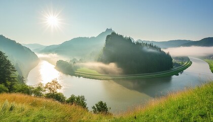 mystery view of the dunajec river gorge and the monastery mountain shrouded in fog and sun in pieniny national park