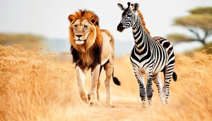 A powerful lion strides alongside a graceful zebra on the golden savannah, showcasing the stunning diversity of African wildlife.. AI Generation