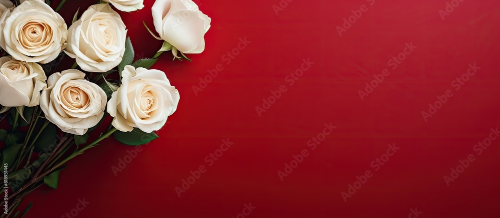 Poster a top view of a red background with a bouquet of white roses leaving space for your text in the imag