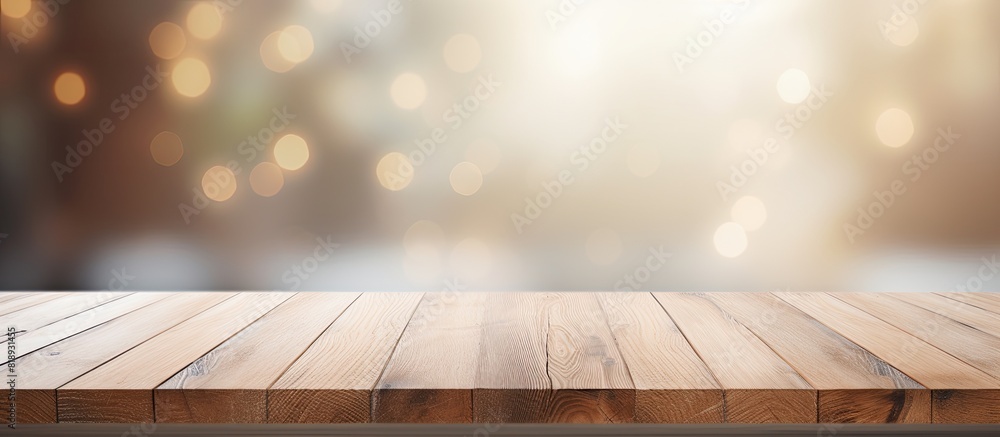 Poster design ready copy space image with a blurred bokeh background showcases an empty white wooden surfac
