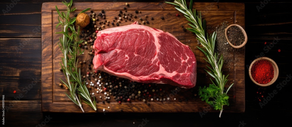 Poster A top view of a raw beef steak on the bone along with herbs like sage thyme and rosemary is showcased on a cutting board leaving plenty of space for additional objects or text in the image