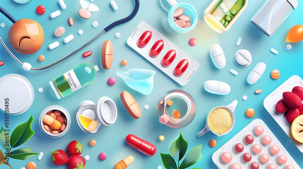 Wall mural Various medications and supplements spread on a blue background - Wall murals