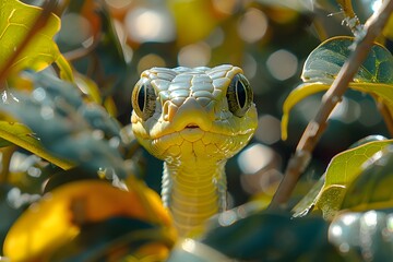 Close-Up of Exotic Green Snake in Lush Foliage - Nature, Wildlife, Macro Photography, Animal Portrait, Stock Image
