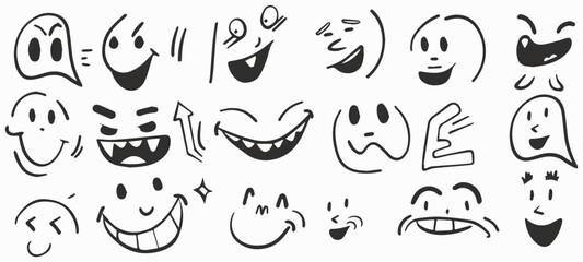 Assortment of hand-drawn cartoony expression signs, directional arrows, emoticon effects, and decorative brush stroke lines, perfect for symbolizing cartoon character emotions.