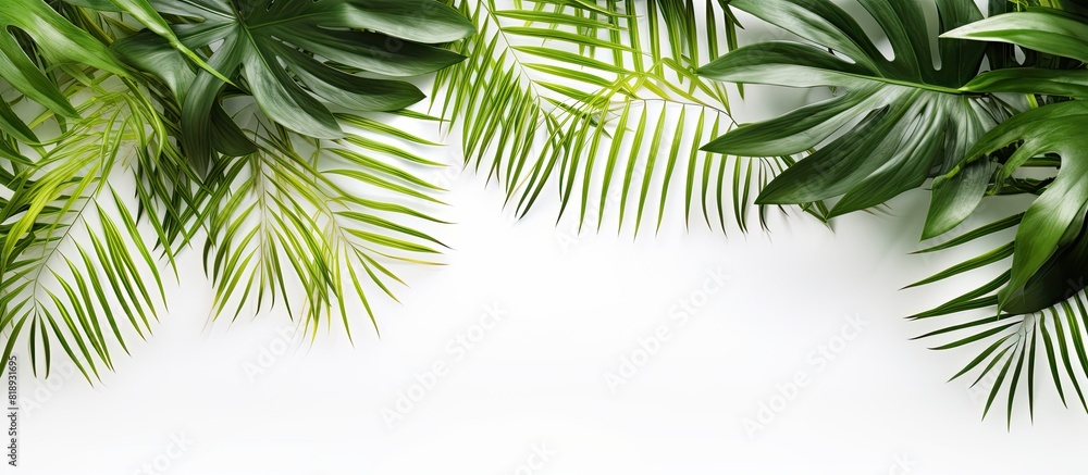 Poster a summer themed image featuring tropical palm leaves against a white background arranged in a flat l