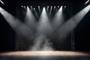 Empty wooden stage with smoke illuminated by spotlight