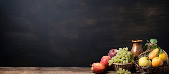 A wooden table holds a chalkboard adorned with a fruit basket and a bottle of milk The image is a...