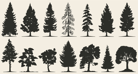 Set of vintage tree and forest silhouettes in monochrome style, isolated in vector illustrations.