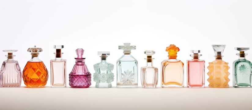 A copy space image featuring a collection of partially filled perfume bottles displayed on a white background