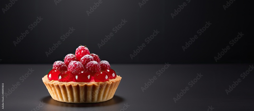 Poster a front view of a small fresh tartlet with a metallic red berry filling set on a gray background amp