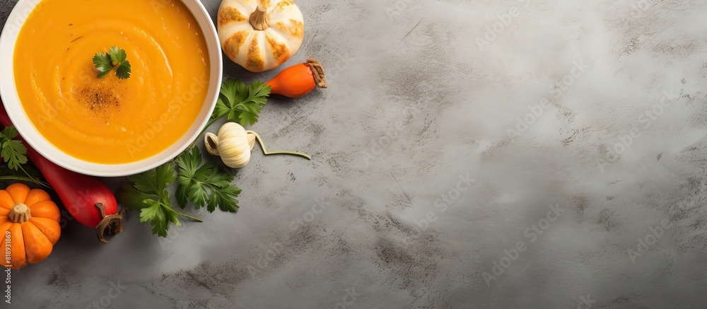 Poster top view of a creamy pumpkin and carrot soup elegantly presented on a grey stone background providin