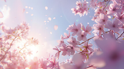 Blooming pink sakura on a blue-turquoise background, highlighting the delicate petals and vibrant hues, creating a serene and picturesque scene.


