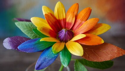 flower close up with leaves painted in the colors of the lgbt flag, pride month