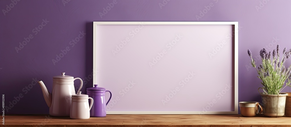 Poster stylish kitchen picture frame mock up with negative copy space image on a textured purple background