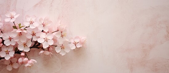 A square stylish old paper background with a textured surface featuring primrose tree flowers in pale pink colors providing copy space for images