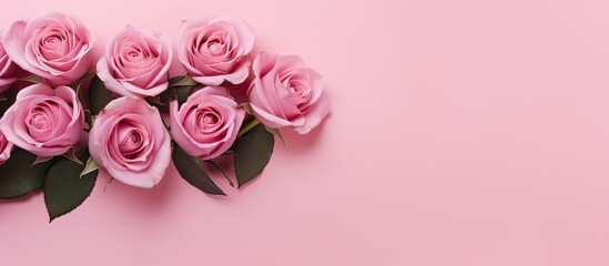 Top view of a bouquet of pink roses on a pink background arranged in a flat lay style This image can be used for various occasions such as Mother s Day Valentine s Day or birthday celebrations There