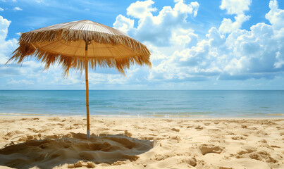 Bamboo summer holiday vacation sandy beach umbrella with thatched fringe roof, scenic seasonal sea view background outlook.