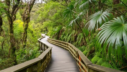 a winding boardwalk surrounded by lush tropical foliage in new zealand