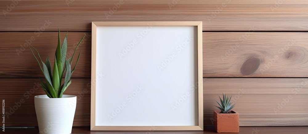 Poster copy space image of a plant and empty photo frame placed on a shelf against a backdrop of a wooden w
