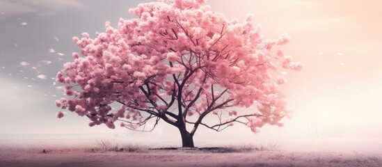 In springtime a stunning pink blossom adorns a tree creating a picturesque scene with plenty of copy space
