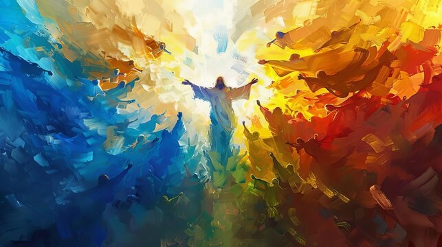 heavenly ascension of jesus with ascending brushstrokes and divine color palette digital painting