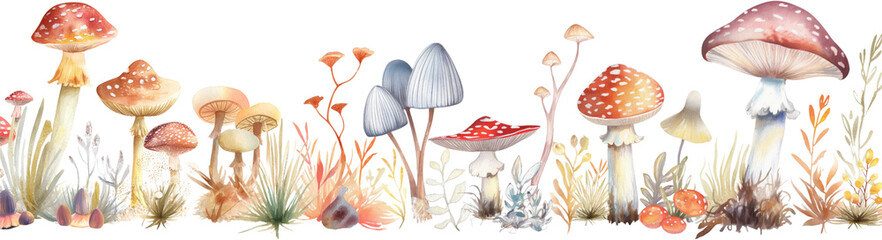 Watercolor border featuring an assortment of woodland mushrooms, isolated on white background