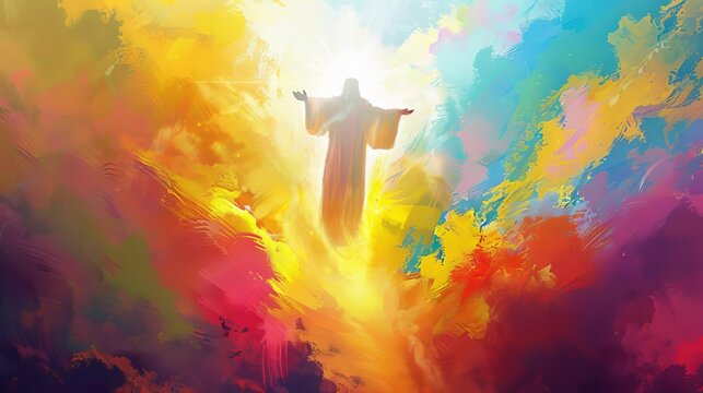 heavenly ascension of jesus with ascending brushstrokes and divine color palette digital painting