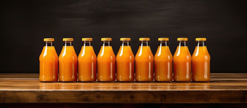 A wooden table displaying orange juice bottles providing space for textual content in the image. Copyspace image