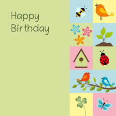 Happy Birthday - Schriftzug in englischer Sprache - Alles Gute zum Geburtstag. Quadratische Karte mit Frühlingssymbolen in Pastellfarben.