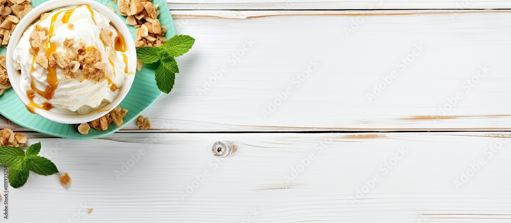 Poster flat lay copy space image featuring a delectable bowl of ice cream adorned with caramel sauce fresh 