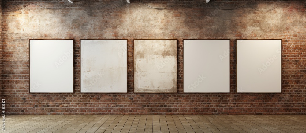 Poster interior of a gallery with empty frames hanging on a brick wall allowing for a copy space image
