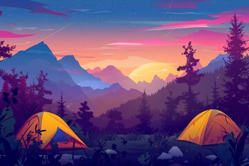 Tourist tent in the mountains under evening sky, Colorfull sunset in mountains, Vector illustration.