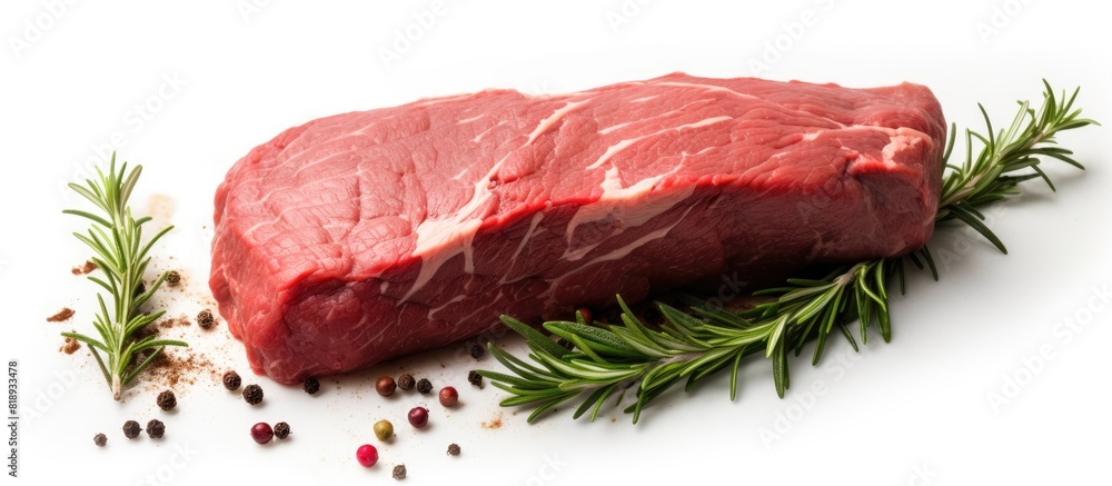 Poster top view of raw silverside sirloin beef cut accompanied by herbs displayed on a butcher table agains