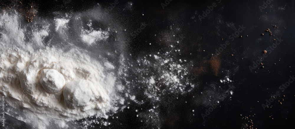 Poster a top view of a black background with sprinkled flour creating a baking ambiance there is ample copy