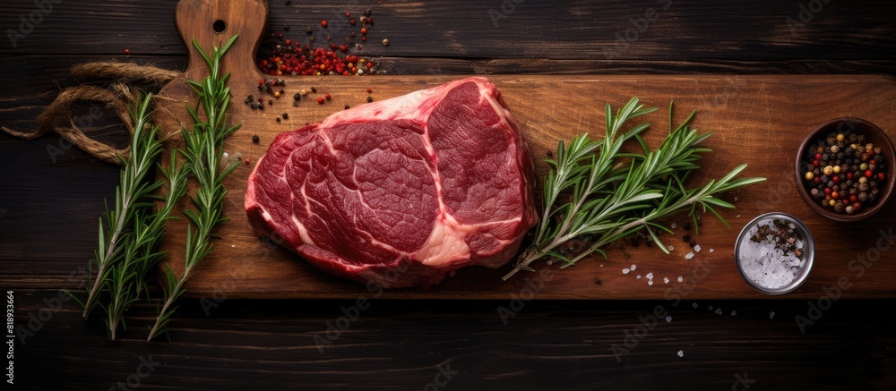 Poster a top view of a raw beef steak on the bone along with herbs like sage thyme and rosemary is showcase